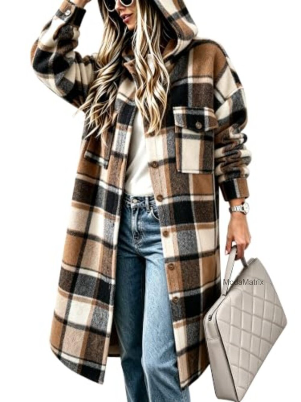 Womens Oversized Plaid Flannel Hooded Shacket Jacket Button Front